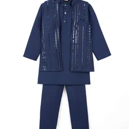 Ridokidz Full Sleeves Solid Kurta & Pyjama With Sequins Embroidered Jacket Set - Navy Blue-picture-28