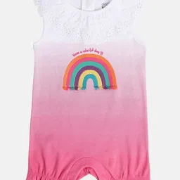 MINI KLUB Cotton Knit Sleeveless Rainbow & Schiffli Embroidered Ombre Romper - Pink-picture-25