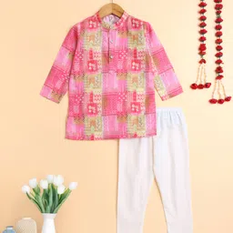 The Magic Wand Woven Full Sleeves Leaves Printed Kurta Pyjama Set - Pink-picture-35