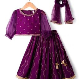Babyhug Chanderi Woven Three Fourth Sleeves Choli Lehenga & Dupatta Set with Floral Embroidery - Purple-picture-20