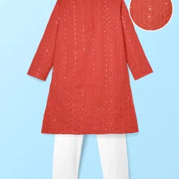 EARTHY TOUCH Georgette Woven Full Sleeves Kurta Pyjama Set with Sequin & Kantha Embroidery - Red-picture-10