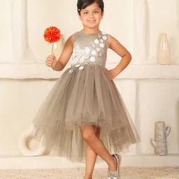 Toy Balloon Kids Net Woven Sleeveless Floral Applique Detailed Pearls Embellished High Low Dress - Grey-picture-24