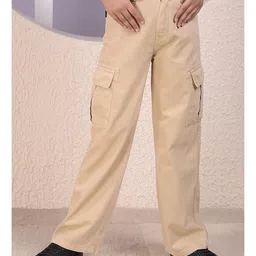 CRIMSOUNE CLUB Cotton Denim Solid Cargo Jeans - Beige-picture-10
