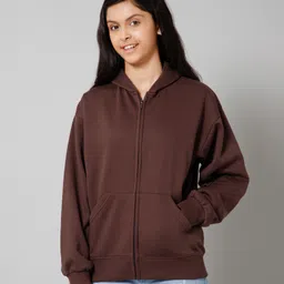 ALAN JONES Cotton Blend Knit Full Sleeves Solid Light Winter Oversized Hooded Sweatjacket - Dark Brown-picture-27
