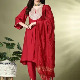 KALINI Floral Sequinned Embroidered V-Neck A-Line Kurta with Dhoti Pants & Dupatta-picture-27
