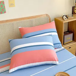 JC HOME Blue & Red Striped 140 TC Single Bedsheet with 1 Pillow Covers image 3