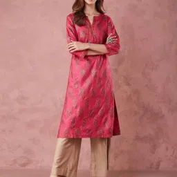 Fabindia Magenta Viscose Silk Regular Fit Printed Kurta image 3