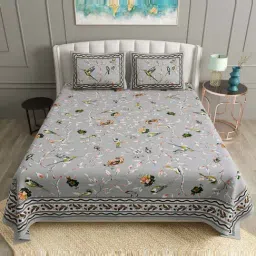 BELLA CASA Ethnic Collection Grey Cotton 180 TC King Bedsheet with 2 Pillow Covers-image-58