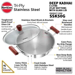 Hawkins Silver Tri-Ply Stainless Steel Deep Kadhai With Glass Lid (5000ml) image 3