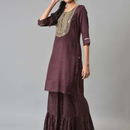 Aurelia Brown Embroidered Kurta and Sharara Set image 3