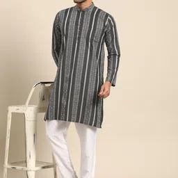 RAJUBHAI HARGOVINDAS Men Grey & White Pure Cotton Striped Handloom Kurta image 4