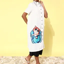 StyleStone Off White & Black Quirky Printed Lose Shirt With Culottes image 3