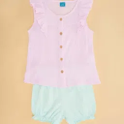 YU by Pantaloons Kids Pink & Blue Cotton Regular Fit Top Set image 2