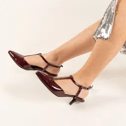 Theater Women Maroon Patent Pointed Toe Kitten Heels with T-Strap & Buckle Closure image 5