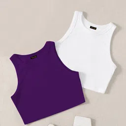 TOOCHKI Pack Of 2 Ribbed Round Neck Sleeveless Crop Tank Tops-picture-13