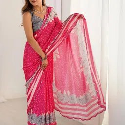 Mitera Floral Printed Mirror Work Pure Chiffon Saree image 3