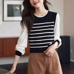 KPOP Women Round Neck Striped Sweaters-picture-14
