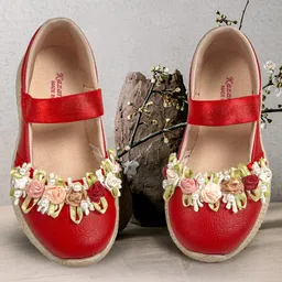 KazarMax Kids Girls Ballet Flat Ballerina Flower Embellished Peep Toes- Red-picture-20
