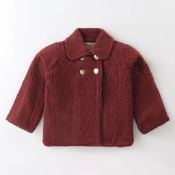 Yellow Apple Full Sleeves Front Open Cable Knitted Sweater - Rust image 1