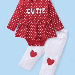 Babyhug 100% Cotton Knit Full Sleeves Onesies with Leggings Heart Print- Red image 1