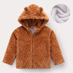 Kookie Kids Full Sleeves Solid Hooded Winter Jacket with Ears Applique - Brown-picture-33