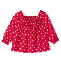 Babyhug Woven Full Puffed Sleeves Top With Heart Print - Red-picture-19