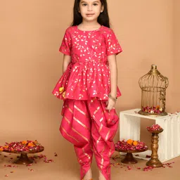 Saka Designs By Sapna Cotton Blend Half Sleeves Leaves Foil Printed Kurta With Striped Dhoti Set - Fuchsia & Gold-picture-26