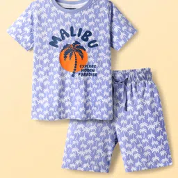 Pine Kids Single Jersey Knit Half Sleeves Short Night Suit With Tropical Theme Print - Blue-picture-13