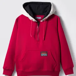Pine Kids Cotton Knit Full Sleeves Hooded Sweatshirt With Patch Detailing & Kangaroo Pockets - Red-picture-16