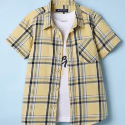 Pine Kids 100% Cotton Half Sleeves Checks Shirt With Text Printed Tank T-Shirt - Yellow & White-picture-30