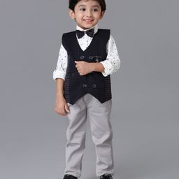 Dapper Dudes Full Sleeves Cross Printed Shirt With Waistcoat Bow & Pant Set- Navy-picture-29