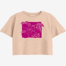 Bonkids Cotton Knit Half Sleeves Fruits Printed Boxy Tee - Peach-picture-12
