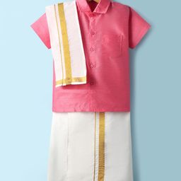 Dapper Dudes Cotton Silk Woven Half Sleeves Solid Shirt & Mundu With Angavastram Set - Fuchsia Pink-picture-48