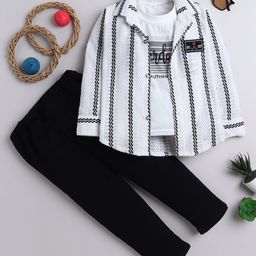 Fourfolds Cotton Blend Woven Full Sleeves Chevron Crochet Shirt & Pant With Tee Set - Black-picture-14