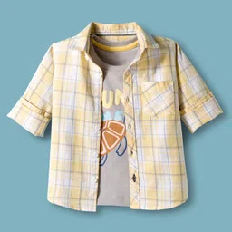 Dapper Dudes Full Sleeves Checked Shirt With Turtle Printed Tee - Lemon-picture-30