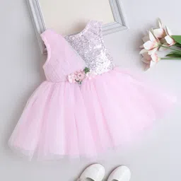 The Magic Wand Woven Sleeveless Floral Applique Detailed Pearl & Sequins Embellished Layered Dress - Pink image 1