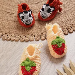 MayRa Knits Hand Knitted Woven Pack Of 2 Animal & Strawberry Applique Detailed Crochet Booties - Red & Peach-picture-21