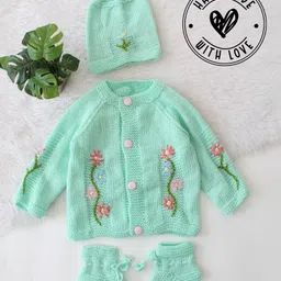 Woonie Hand Knitted Full Sleeves Floral Embroidered Sweater With Cap & Socks Set - Green-picture-31