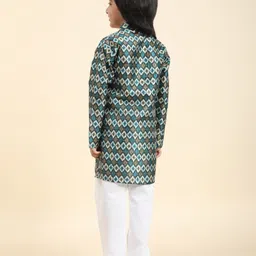 P-MARK Full Sleeves Ikat Motif Printed Kurta Pyjama Set - Firozi Blue image 3