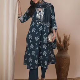 FASHOR Women Ethnic Motifs Printed Regular Mirror Work Pure Cotton Kurta with Trousers & With Dupatta-picture-23
