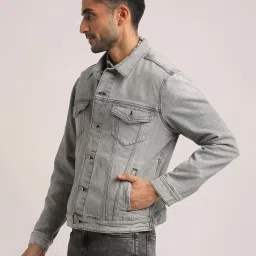 EVERBLUE Light Grey Regular Fit Denim Jacket image 3
