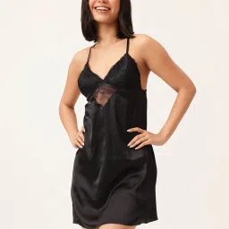 Clovia Black Chic Basic Robe With Matching Babydoll- Satin image 3