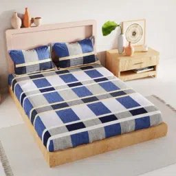 Bianca Tokyo Bay Checks Blue & Grey 192 TC Fabric King Bedsheet with 2 Pillow Covers-image-3