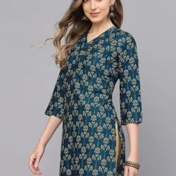 Skylee Teal Blue Floral Print Straight Kurta image 3