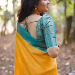 Satrani Yellow & Teal Green Silk Woven Saree With Unstitched Blouse image 3