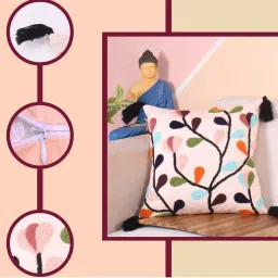 STITCHNEST Multicolor Polycotton Hand Crafted Embroidered Bohemian Alstromeria Cushion Cover image 3