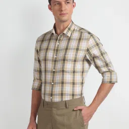Arrow Beige Cotton Slim Fit Checks Shirt image 3