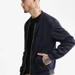 showoffff Showoff Navy Blue Cotton Slim Fit Bomber Jacket image 3