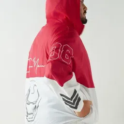 Bewakoof Men's White & Red Graphic Printed Oversized Plus Size Windcheater Jacket image 4