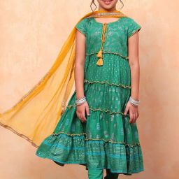 BIBA Girls Green & Orange Printed Kurta, Churidar with Dupatta-picture-35